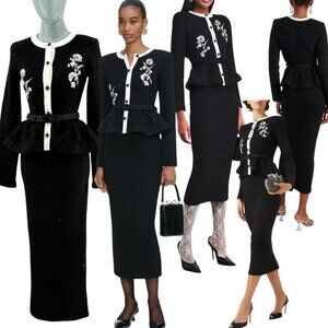 🆕 SELF-PORTRAIT 🧿 NWOT Textured Black Tweed Floral-Sequin Midi Dress, Sz XS